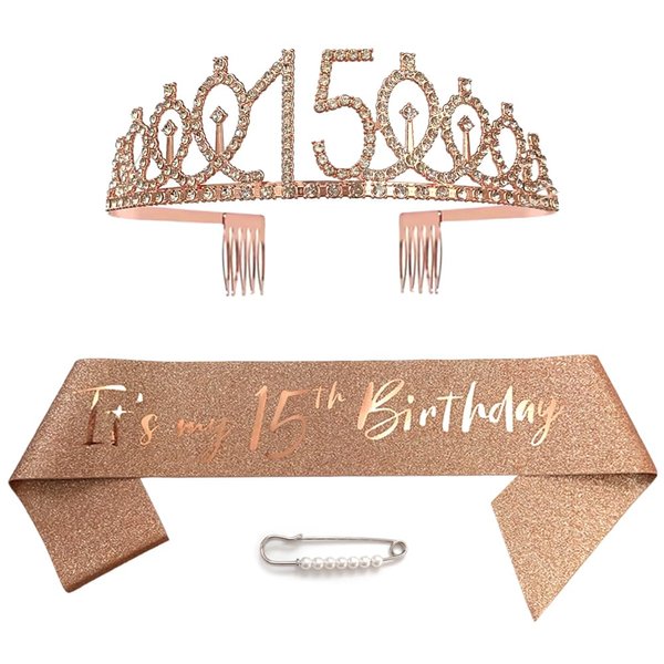 Ceqiny 15th Birthday Sash Tiara and Crowns for Girls, Birthday Queen Rose Gold Tiara, Princess Tiara Rhinestone Headbands with Combs Bridal Wedding Tiaras for Wedding Prom Bridal Party Christmas