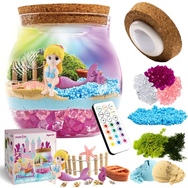Mermaid Light Up Terrarium Kit for Kids I DIY Mermaid Toys Craft Kits for Kids I Night Light for Kids Crystal Growing Kit I Terrarium Jar for Kids I Birthday Gifts for Girls Age 4-12