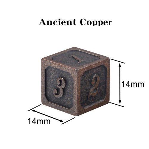 DNDND Ancient Copper D6 Metal Dice Set, Metal Dice 6 Sided Set of 6 Solid Metallic Dice with Free Black Velvet Bag for D&D Pathfinder Shadowrun or GURPs