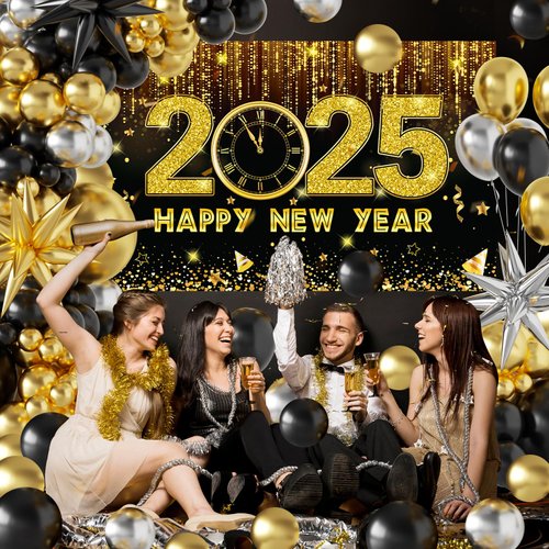 New Years Decorations, New Years Eve Party Decorations Include Black and Gold Balloon Arch Kit 2025 Happy New Year Backdrop for New Years Eve Party Supplies