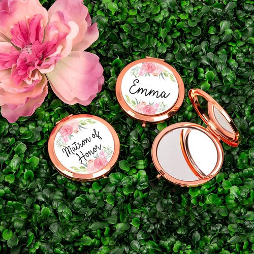 Andaz Press Compact Mirror Matron of Honor Wedding Gift, Rose Gold, Peach and Pink Roses, 1-Pack, Bachelorette Bridal Shower Wedding Party Gifts