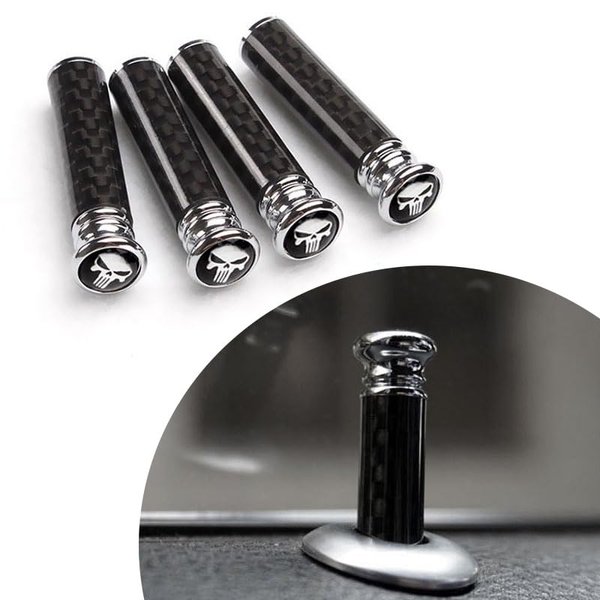 Yumfugu 4 PCS Car Door Lock Bolt Pin, Carbon Fiber Pattern Alloy Tusked Skull-Shaped Door Handle Knob Bolt Cover, Personalized Modification Accessories, for Most Cars, SUVs, Trucks, Vans (Black)