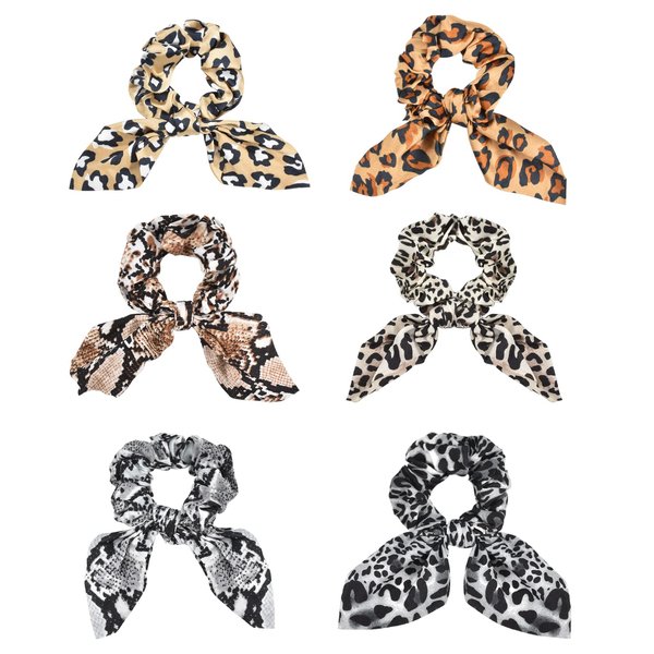 Yonchic 6-Piece Satin Bowknot Elastic Hair Ties, Animal Print Leopard Scrunchies Ladies Long Lasting Braids Ponytail Holders, Soft Elegant Bow Hair Tie Ribbon Rubber Bands Hair Accessories