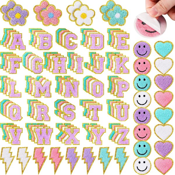 136 Pcs Chenille on Patches for Clothing Letter Self Adhesive Cute Rainbow Smile Face Love Heart Patches for Jeans Embroidered Applique (Novel Style)