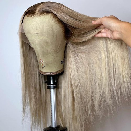 Ash Blonde Wig Human Hair 13x4 Transparent Lace Front Wigs Human Hair 200% Density Ash Blonde Straight Lace Front Wigs for Black Women Pre Plucked Dark Brown Roots Human Hair Wig Pre Plucked 26 Inch