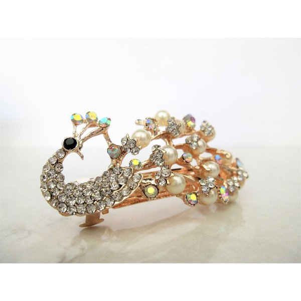 Generic Smaller pearl and crystal peacock hair clip clamp barrette