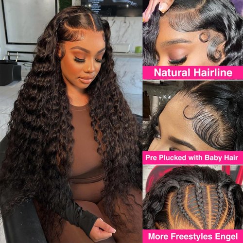 250% Density 13x6 HD Transparent Deep Wave Lace Front Wigs Human Hair for Women Glueless Deep Curly Lace Frontal Wigs Brazilian Virgin Human Hair Wigs Pre Plucked with Baby Hair (Natural Color,22Inch)