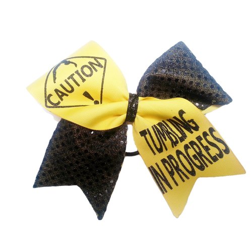 Cheer bows Yellow and black sequin Caution Tumbling in Progress Hair Bow