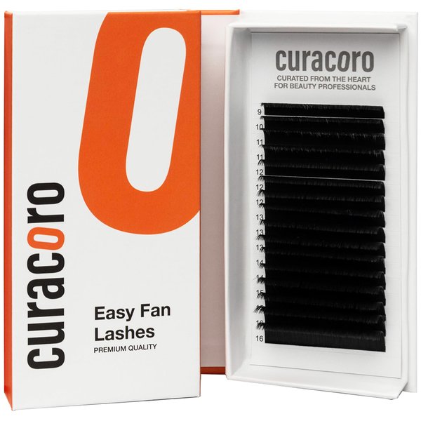 Curacoro Easy Fan Eyelash Extensions 0.03~0.07mm Thickness, C CC D Curl, 9mm-16mm Mixed & Single Length, Super Matte Black Volume Self Fanning Lash Extensions, Professional Supplies for Lash Techs