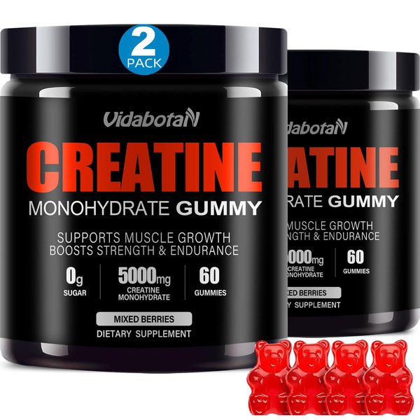 vidabotan Sugar Free Creatine Monohydrate Gummies 5g for Men & Women, Creatine chewable gummies Blend with Taurine, Vitamin B6&B12 for Muscle Strength, Energy Boost, Mixed Berries, Vegan(120 Count)