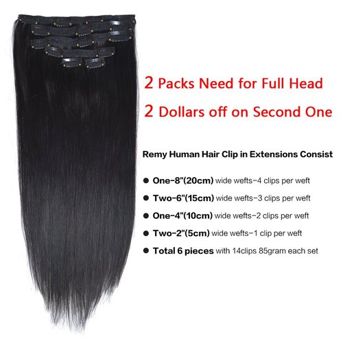 20"Real Clip in Hair Extensions Remy Human Hair Double Weft Thick to Ends Jet Black(#1) 6pieces 85Grams/2.98oz