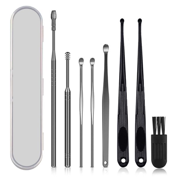 Ear Wax Cleaning Kit, Ear Cleansing, Ear Wax Removal Tool, Easy to Use, Painless Cleaning Spoon, with Storage Box and Cleaning Brush (8Pcs) (White)