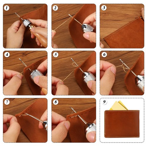 WILLBOND 12 Pcs Sewing Awl Kit Portable Leather Sewing Awl Kit Including Handheld Sewing Repair Awl Straight and Bent Needles and 8 Rolls Waxed Threads with Small Screwdriver for DIY Craft