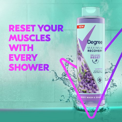 Degree Maximum Recovery Body Wash and Soak Post-Workout Recovery Skincare Routine Lavender Extract + Epsom Salt + Electrolytes Bath and Body Product 22 oz