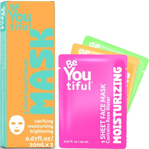 Facial Mask Set by BeYOUtiful, Hydrating Face Mask for All Skin Types, Face Care for Girls and Boys, Skin Care for Teens, 3 Masks