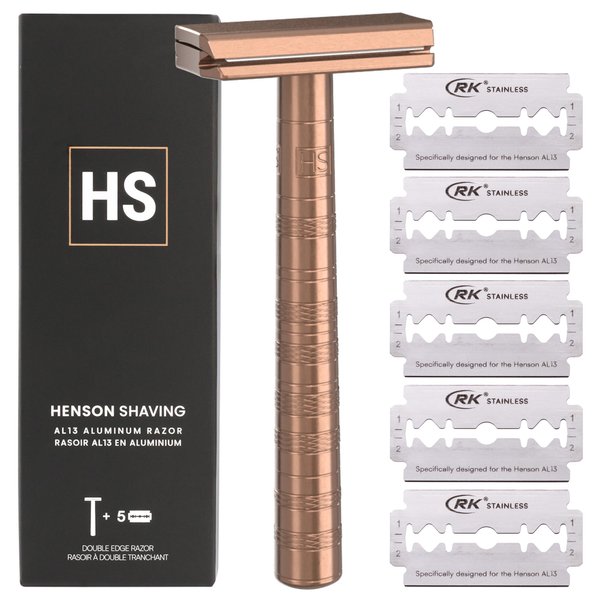 Henson Shaving Razor - Copper Double Edge Safety Razor with 5 Spare Blades - 30° Angled Precision With Superior Blade Rigidity- Reusable Single Blade Razors For Men and Women