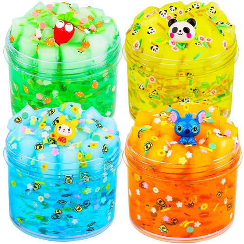 Dauwiaow 4 Pack Jelly Cube Crunchy Slime Kit, Including Blue, Green, Brown and Yellow Clear Crunchy Slime, Soft Non-Stick, for Kids Party Favors Gifts Ideas, Stress Relief Toy for Girls and Boys