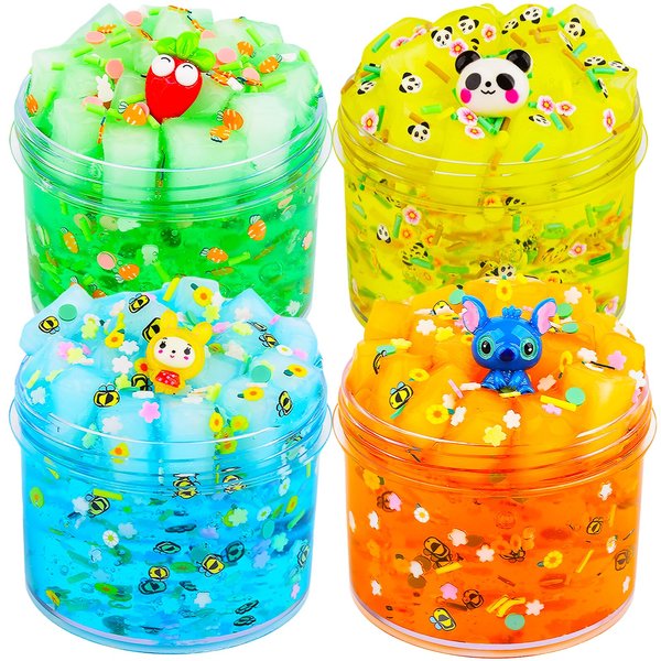 Dauwiaow 4 Pack Jelly Cube Crunchy Slime Kit, Including Blue, Green, Brown and Yellow Clear Crunchy Slime, Soft Non-Stick, for Kids Party Favors Gifts Ideas, Stress Relief Toy for Girls and Boys
