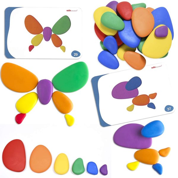Rainbow Pebbles - Set of 36 Sorting and Stacking Stones with 20 Activity Cards - In Home Learning Toy for Early Math