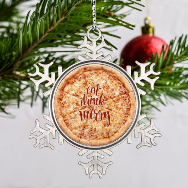 DOREENABE Snowflake Ornament Vegan Truffle Pizza Ornaments for Christmas Trees Eat Drink and Be Merry Cute Food Christmas Ornaments 2023 Funny Metal Souvenir Xmas Tree Hang Pendant Exchange Gift