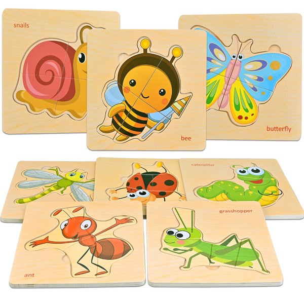 Faburo Wooden Puzzles for Toddlers 1-3, 8pcs Shapes, Insect Animal Themed Montessori Toys for 1 Year Old Learning, Educational Preschool Toys for Boys Girls