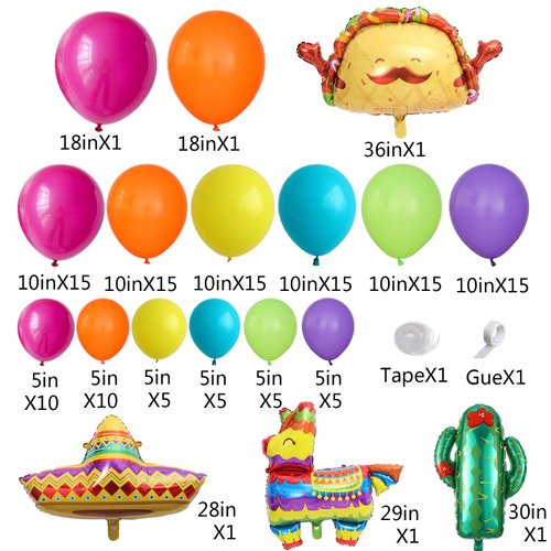 138Pcs Mexican Fiesta Balloon Arch Garland Kit Llama Sombrero Taco Cactus Foil Balloons for Mexican Themed Party Cinco De Mayo Taco Coco Birthday Carnival Baby Shower Decorations (Style 1)