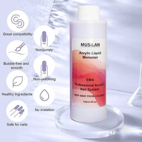 MUSILAN Monomer Acrylic Nail Liquid 150ML - Acrylic Liquid Monomer for Acrylic Powder Acrylic Nail Liquid Monomer with 3PCS Acrylic Brushes Size（8/10/14）For Acrylic Nails Extension Non-Yellowing