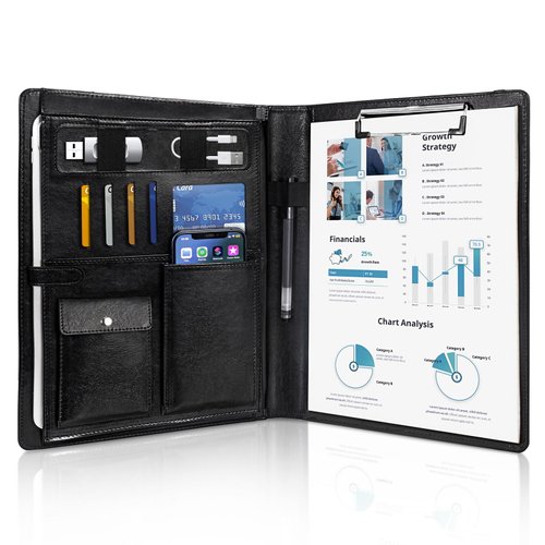 Portfolio Organizer, Padfolio for Women, Portfolio Folder with Business Card Holder, Letter Size Clipboard, Elastic Cord, Black
