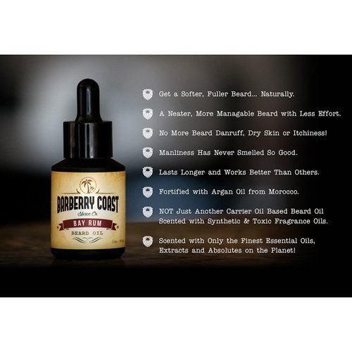 Barberry Coast Shave Co. High Performing Bay Rum Beard Oil - Get a Softer, Fuller Beard - Fortified with Argan Oil from Morocco, Jojoba & Grapeseed Oils - 1oz.