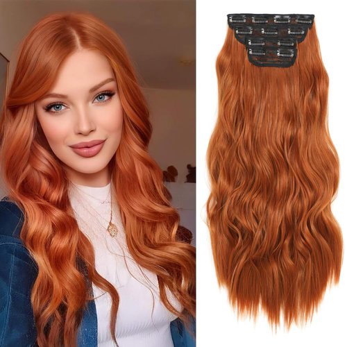 Clip In Long Wavy Synthetic Copper Red Hair Extensions 4PCS Thick and Lightweight Clip in Hair Extensions Fiber Hairpieces for Women 24inch