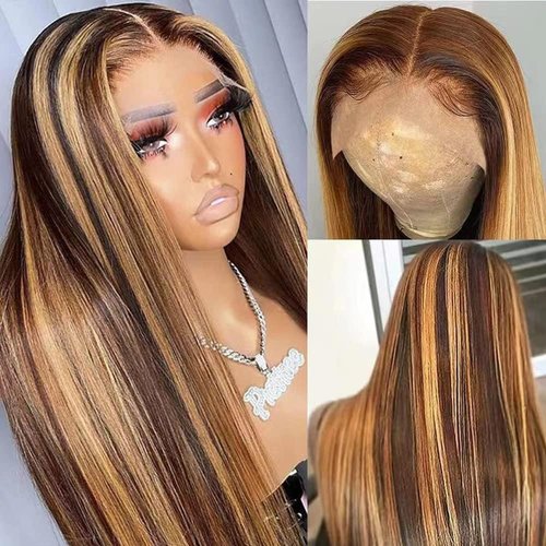 28 Inch Highlight Ombre Lace Front Wig Human Hair Pre Plucked 13x4 Colored 4/27 HD Lace Frontal Human Hair Wigs with Baby Hair 180% Density Glueless Honey Blonde Straight Lace Front Wigs Human Hair