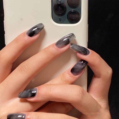 IFMOPETY 24Pcs Medium Black Coffin Press on Nails，Marble Glossy False Nails with Gradient Grey Design，Resuable Full Cover Fake Nails Set for Women，12 Sizes Nail Kit