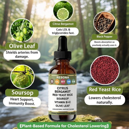 RESONA Red Yeast Rice Drops - Cholesterol Support Blend with Citrus, Bergamot, Red Yeast Rice, Soursop, Olive Leaf, Vitamin B+C, Natural, Non-GMO, Vegan, Dietary Supplement, 2 fl. oz. (60ml)