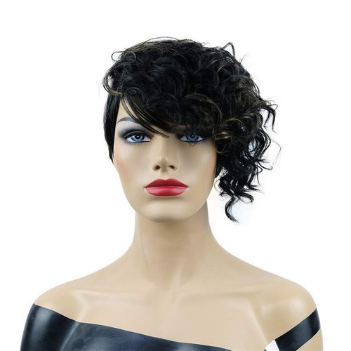 onemily 6" Women Short Curly Wigs Pixie Cut Hair Asymmetrical Side Bang Hair Synthetic Wigs for Women (Black Brown Mix)