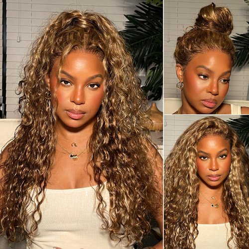 Honey Blonde Highlight 360 Curly Deep Wave Wig Human Hair 24 Inch Ombre 4/27 Colored Lace Front Wig Full 360 HD Transparent Lace Brazilian Human Hair Wigs for Women Free Part Pre Plucked 150 Density