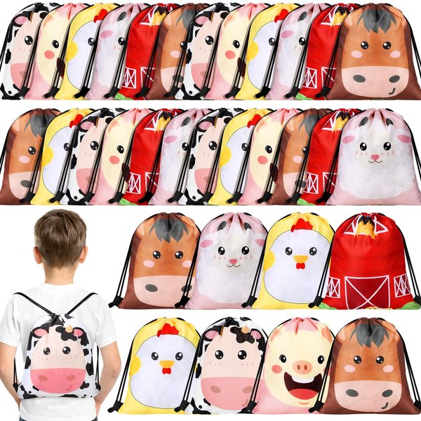 Farm Animal Party Favor Bags Gift Bags Farm Birthday Party Supplies Farm Animal Birthday Bag Farm String Bags Barnyard Party Treat Goody Candy Bags Farm Themed Centerpiece Decoration (36 Pieces)