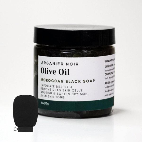 Arganier Noir Moroccan Black Soap with Olive Oil + Kessa Glove (SET) Exfoliating Soap for Moroccan Hammam