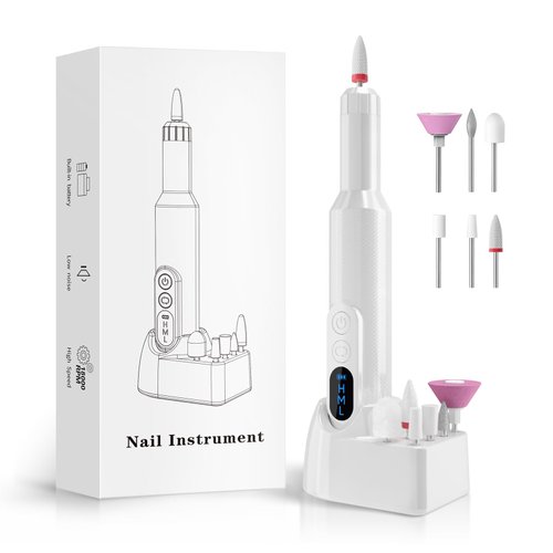 Professional Nail Drill Machine, Portable Cordless Nail File with 6 Nail Drill Bits, Rechargeable & Powerful Motor, Nail Art Kit, White