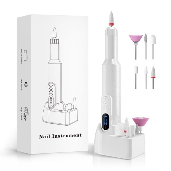 Professional Nail Drill Machine, Portable Cordless Nail File with 6 Nail Drill Bits, Rechargeable & Powerful Motor, Nail Art Kit, White