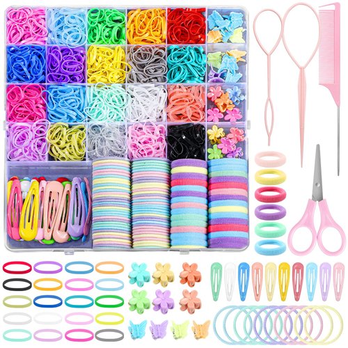 auroray Hair Accessories for Girl, 1543 Pcs Elastic Hair Rubber Bands Set 20 Colors Elastic Hair Ties with Organizer Box Cotton Baby Hair Ties, Hair Tail Tools, Rat Tail Comb, Butterfly Hair Clips