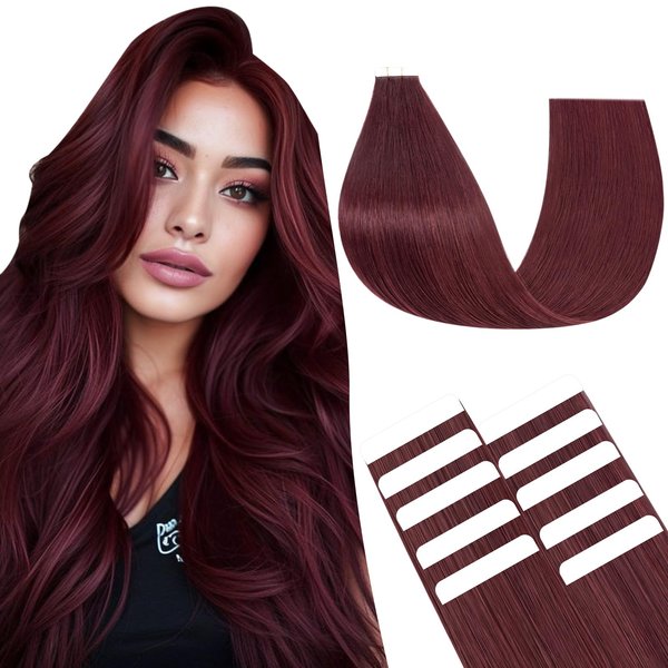 SEGO Pro 10pcs Tape in Hair Extensions Human Hair Long Straight Tape in Hair Extensions Real Human Hair Seamless Invisible Tape in Hair Extensions,18inch #99J Wine Read,15g