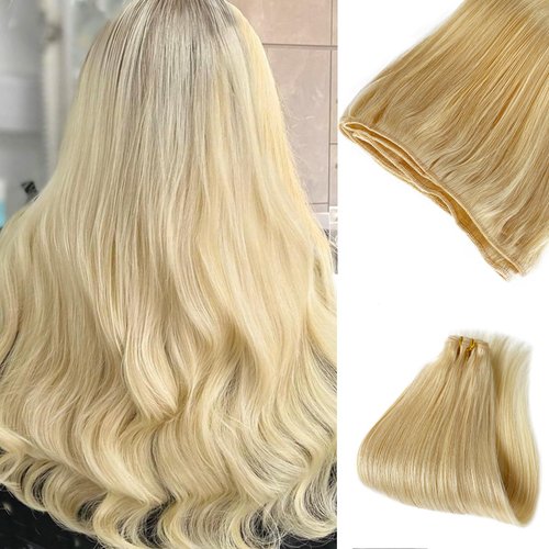 Bleach Blonde Sew in Weft Hair Extensions Real Human Hair,Sew in 100% Real Hair Extension Human Hair Double Weft Silky Soft Hair #613 Blonde Hair Bundles Sew in Extensions for Fullness and Thickness