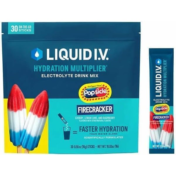 Liquid Hydration Multiplier Popsicle Firecracker, Electrolyte Powder Drink Mix | Convenient Single-Serving Sticks 30 Packs in Resealable Pouch