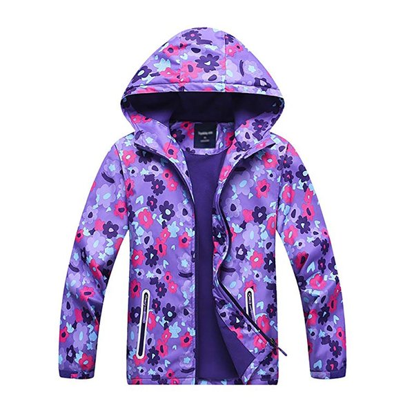 MGEOY Girls Rain Jacket Lightweight Waterproof Hooed Fleece Lined Raincoat Windbreakers for Kids Purple 7/8