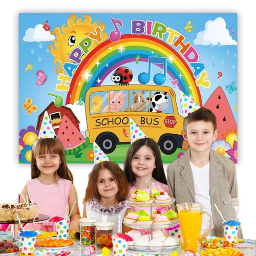 Cartoon Melon Birthday Party Supplies,Kid Party Decorations Banner School Bus Backdrop Boys and Girls Happy Birthday Backdrop（70X43IN）
