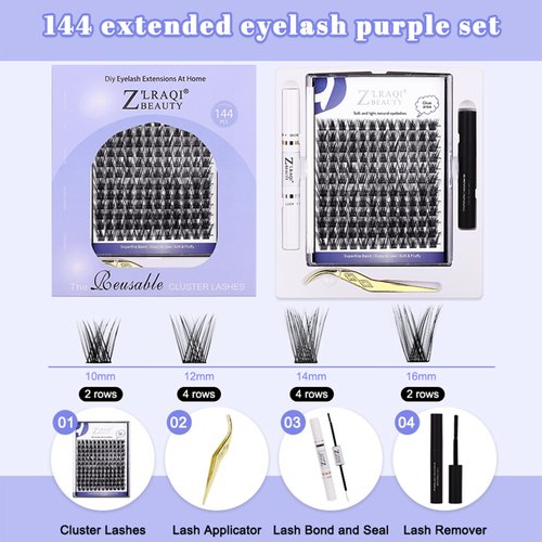 Lash Extension Kit, Kaluofan 144PCS Eyelash Extension Kit, Cluster Eyelash Extensions, 12-16mm DIY Lash Clusters Kit with Lash Bond and Seal Lash Remover Tweezers for Lash Extensions, Easy to Apply