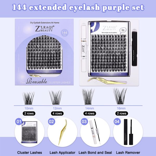 Lash Extension Kit, Kaluofan 144PCS Eyelash Extension Kit, Cluster Eyelash Extensions, 12-16mm DIY Lash Clusters Kit with Lash Bond and Seal Lash Remover Tweezers for Lash Extensions, Easy to Apply