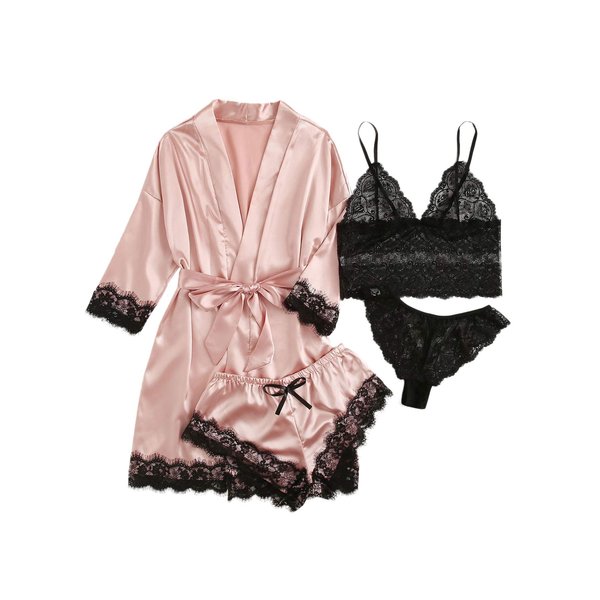 SOLY HUX Women's Satin Pajama Set 4pcs Floral Lace Trim Cami Lingerie Sleepwear with Robe Pink Small