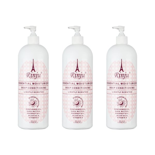 Rinju Pack of 3 Moisturizing Body Lotion - Non-Greasy Lotion for Dry Skin - 33.8 oz Shea Butter Lotion for All - Lightly Scented - Vitamin E Skin Hydrating Body Lotion - Skin Care Essentials