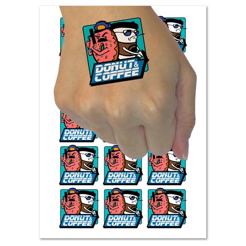 Donut and Coffee Buddy Cop Temporary Tattoo Water Resistant Fake Body Art Set Collection - 15 2" Tattoos (1 Sheet)